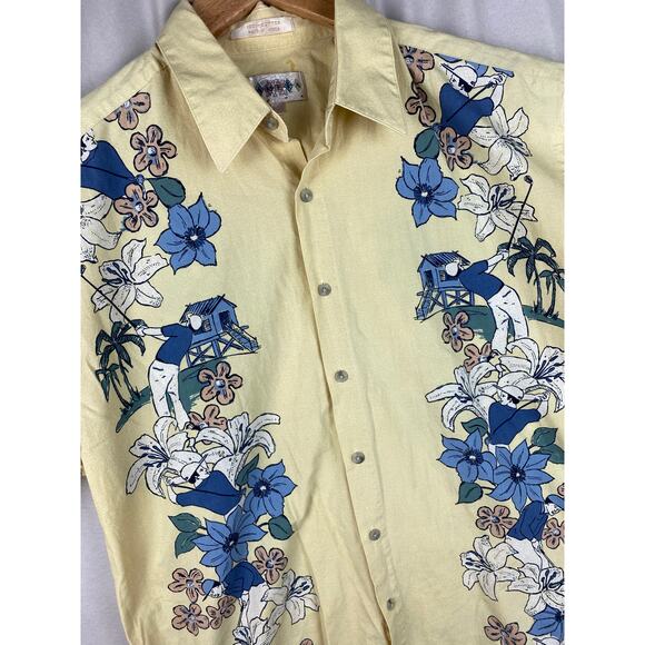 Campia Moda Men’s Large Hawaiian Camp Shirt Yellow Floral Golf Print Button Up - Picture 1 of 10